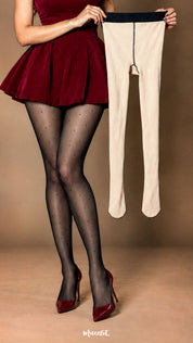 A woman wearing black sheer-effect polka dot stockings while holding the nude-toned inner layer beside her, showcasing the layered construction that creates the illusion of sheer stockings with added coverage - Muselot