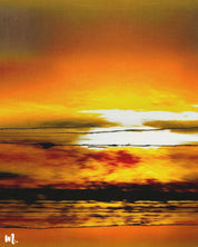 A zoomed-in view of the sunrise abstract canvas art reveals the intricate details and textures of the sunrise depiction. This highlights the subtle color gradients, dynamic brushstrokes, and abstract forms, emphasizing the artwork's depth and energy. This detailed perspective enhances the vibrant and modern qualities of the piece, bringing its captivating elements into sharper focus.-Muselot