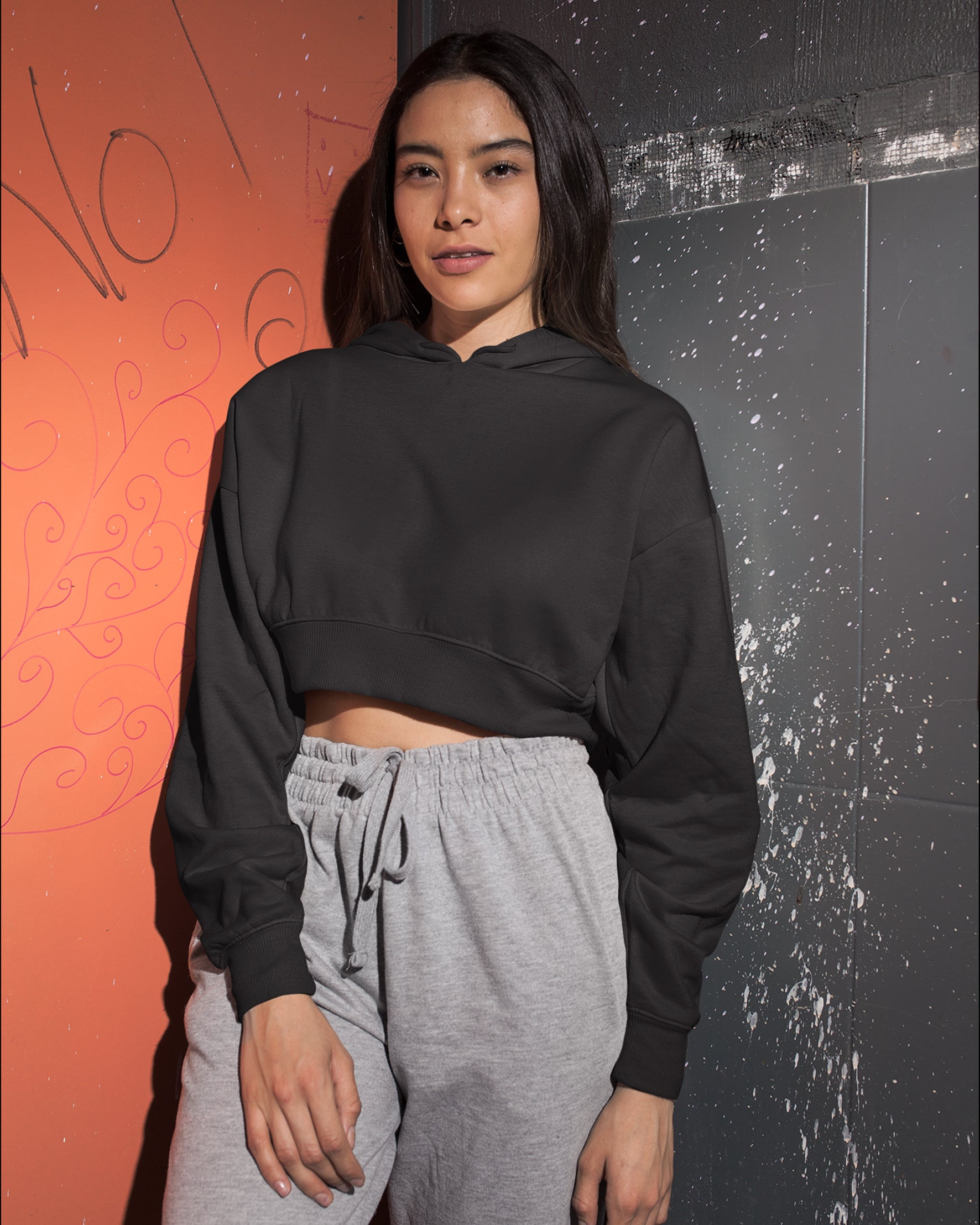 Black plain crop hoodie for women