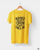 Books fall open, you fall in printed t shirts