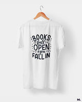 Books fall open, you fall in printed t shirts