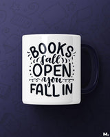 Books fall open, you fall in printed mugs