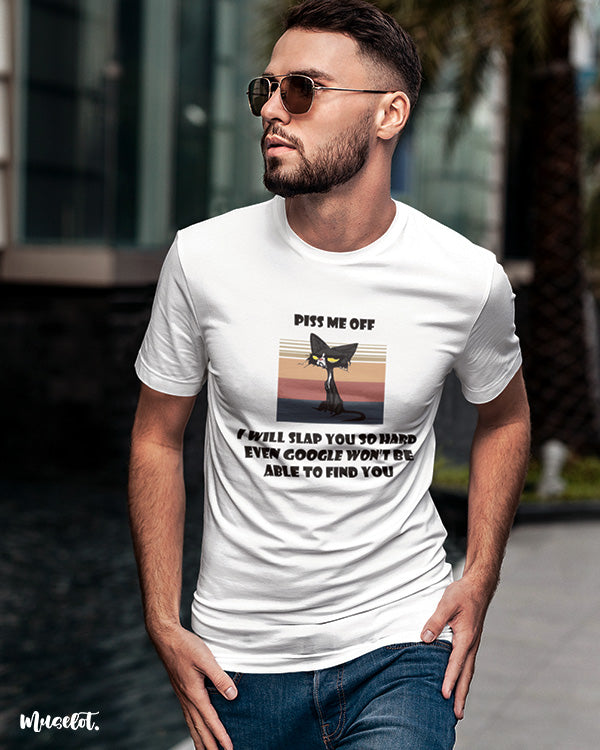 Muselot's don't piss me off printed t shirts for men and women in white colour
