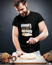 Black t shirt printed with Happiness is smell of freshly baked bread for baking lovers.