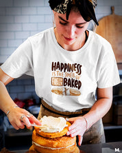 White t shirt printed with Happiness is smell of freshly baked bread for baking lovers.