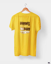 Golden yellow t shirt printed with Happiness is smell of freshly baked bread for baking lovers.