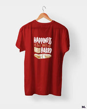 Red t shirt printed with Happiness is smell of freshly baked bread for baking lovers.