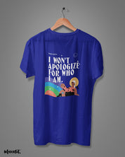 I won't apologize for who I am graphic design illustration printed t shirt for pride in navy blue colour by Muselot