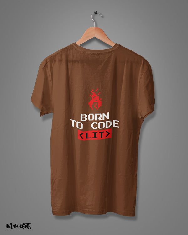Born to code graphic design illustrated t shirt in coffee brown colour for coders at Muselot