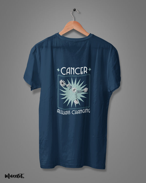 Cancer always changing zodiac design illustrated printed t shirt in navy blue colour at Muselot