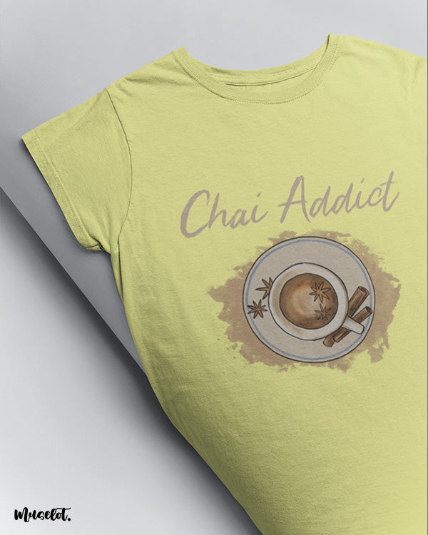Chai addict illustrated printed t shirt in butter yellow colour for men and women who love tea by Muselot