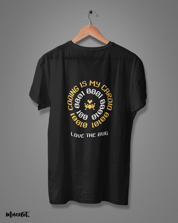 Coding is my cardio, love the bugs funny design illustrated black printed t shirt for coders at Muselot