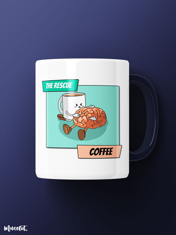 The rescuer - Coffee funny design illustrated printed white mugs at Muselot
