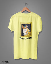 Corgious design illustrated printed t shirts in butter yellow colour for corgi lovers at Muselot