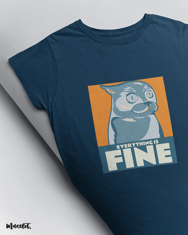 Everything is fine funny design illustrated printed t shirt for cat lovers in navy blue colour at Muselot