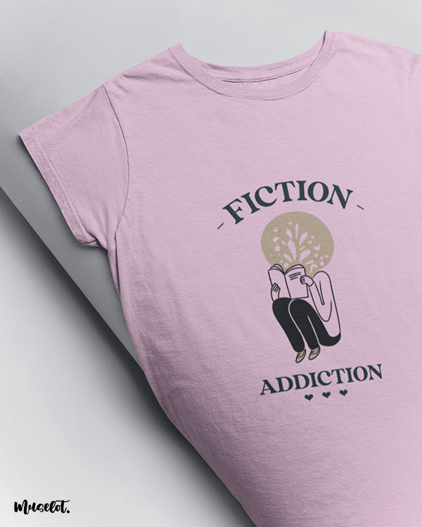 Fiction addiction design illustrated printed t shirt in light pink colour at Muselot for book lovers 