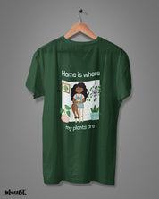 Home is where my plants are design illustrated graphic t shirt in olive green colour at Muselot