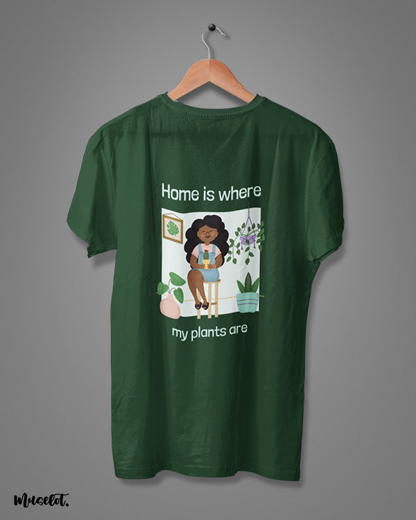 Home is where my plants are design illustrated graphic t shirt in olive green colour at Muselot