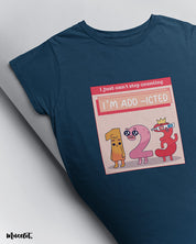 I am add-icted illustrated graphic t shirt in navy blue colour at Muselot