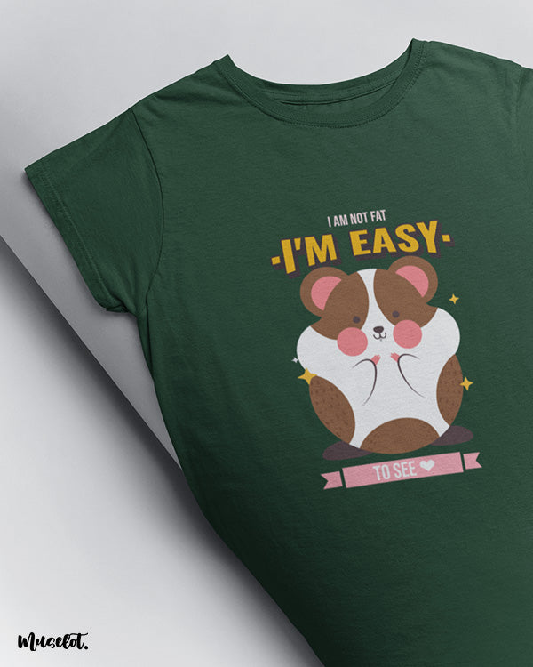 I am not fat, I am easy to see design illustrated graphic t shirt in olive green colour for body positivity at Muselot