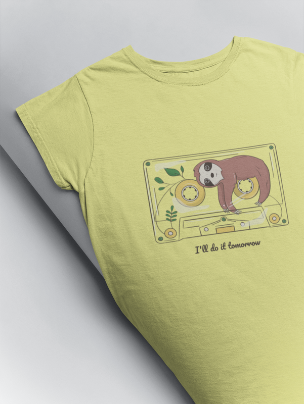 I'll do it tomorrow funny illustrated printed t shirt for lazy lads at Muselot in butter yellow colour