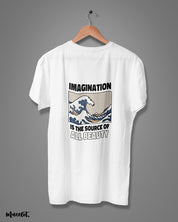 Imagination is the source of all beauty printed t shirts by Muselot in white colour 