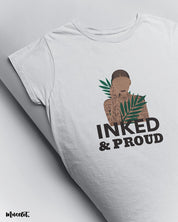 Inked and proud body positive graphic illustrated printed t shirt in white colour for women who love tattoos at Muselot