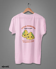 Little samosas spicy and cute design illustration printed t shirt for samosa lovers in light pink colour at Muselot