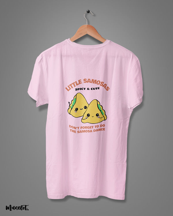 Little samosas spicy and cute design illustration printed t shirt for samosa lovers in light pink colour at Muselot
