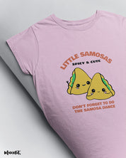 Little samosas spicy and cute design illustration printed t shirt for samosa lovers in light pink colour at Muselot