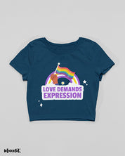 Love demands expression crop t shirts for LGBTQ+ pride in navy blue colour at Muselot