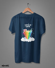 Love is love design illustration printed t shirt in navy blue colour for LGBTQ+ pride by Muselot