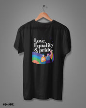 Love, equality and pride design illustration printed t shirt in black colour for LGBTQ+ pride by Muselot