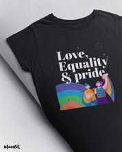 Love, equality and pride design illustration printed t shirt in black colour for LGBTQ+ pride by Muselot