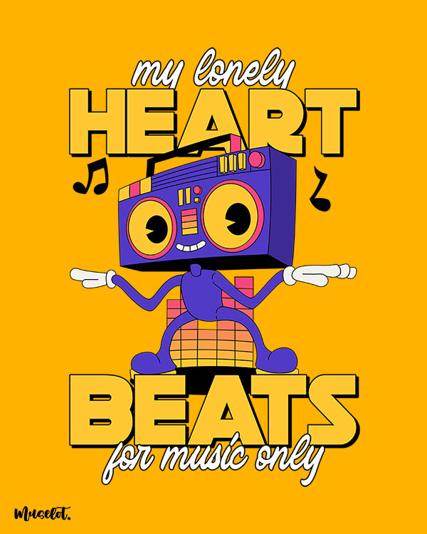 My heart beats for music only printed funny t shirts by Muselot in golden yellow colour 