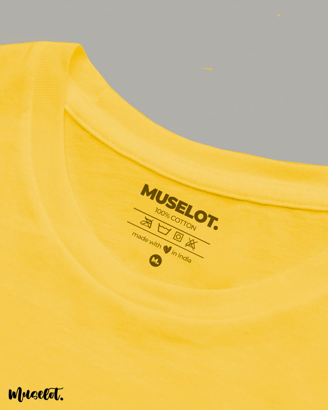 My heart beats for music only printed funny t shirts by Muselot in golden yellow colour 