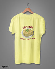 Paratha is what I live for design illustrated graphic t shirt in butter yellow colour for paratha lovers at Muselot