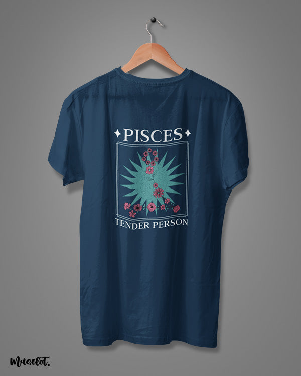 Pisces tender person graphic illustrated navy blue printed t shirt for pisces zodiac at Muselot