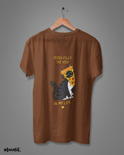 Pizza fills the void in my life funny design illustrated graphic t shirt in coffee brown colour for pizza lovers at Muselot