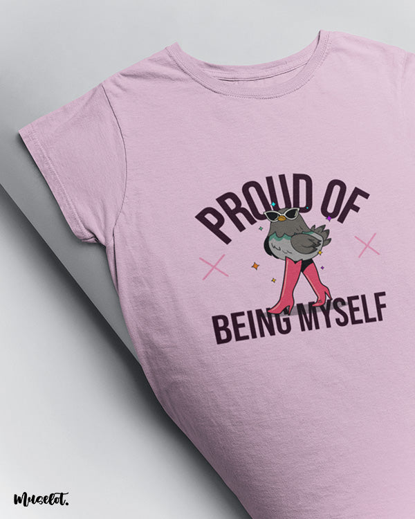 Muselot's proud of being myself printed t shirts for lgbtq and queer pride in lilac colour