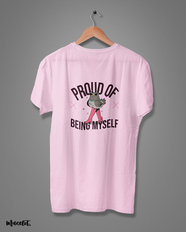 Muselot's proud of being myself printed t shirts for lgbtq and queer pride in lilac colour