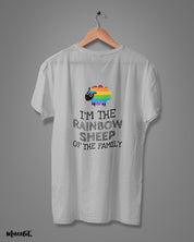 I am the rainbow sheep of the family design illustration printed t shirt in melange grey colour for LGBTQ+ pride by Muselot 
