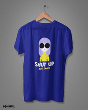 Shut up and dance design illustrated graphic t shirt for women who love dance in royal blue colour at Muselot