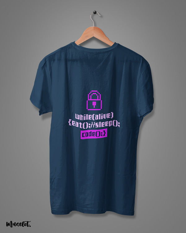 While alive, eat and sleep coding illustrated graphic t shirt in navy blue colour for coders or geeks at Muselot