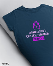 While alive, eat and sleep coding illustrated graphic t shirt in navy blue colour for coders or geeks at Muselot