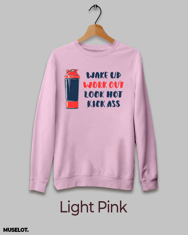 Workout routine print on sweatshirt for women and men online in round neck and light pink colour - Muselot