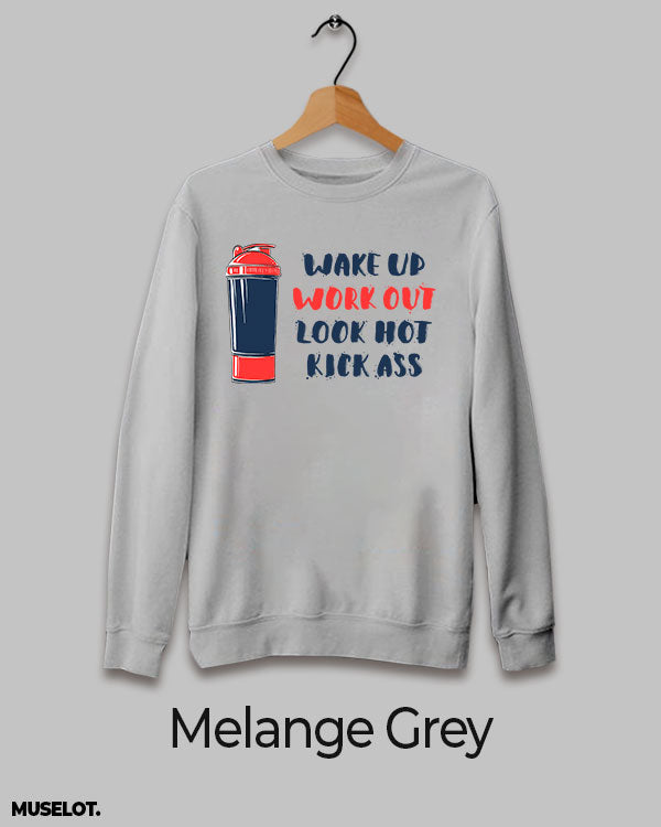 Workout routine print on sweatshirt for women and men online in round neck and melange grey colour - Muselot