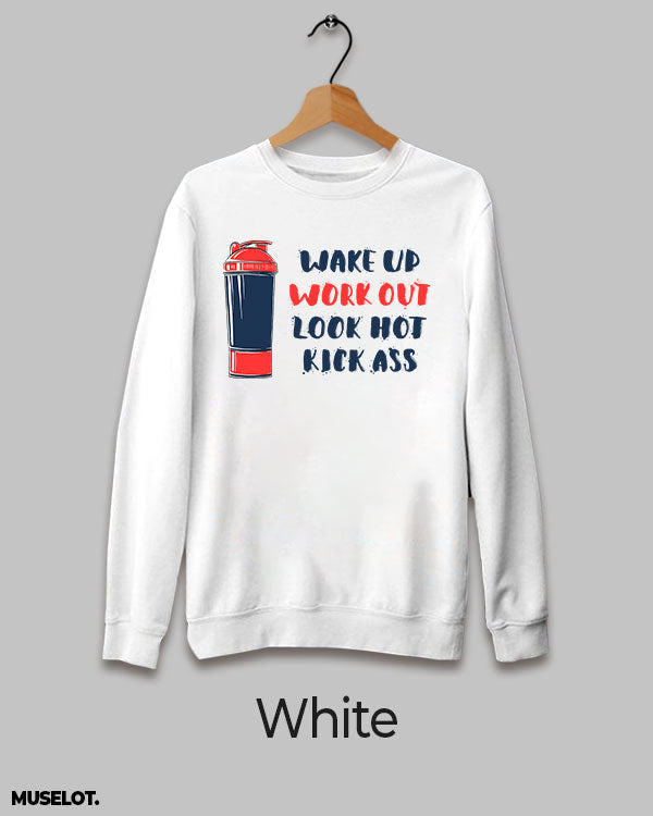 Workout routine print on sweatshirt for women and men online in round neck and white colour - Muselot