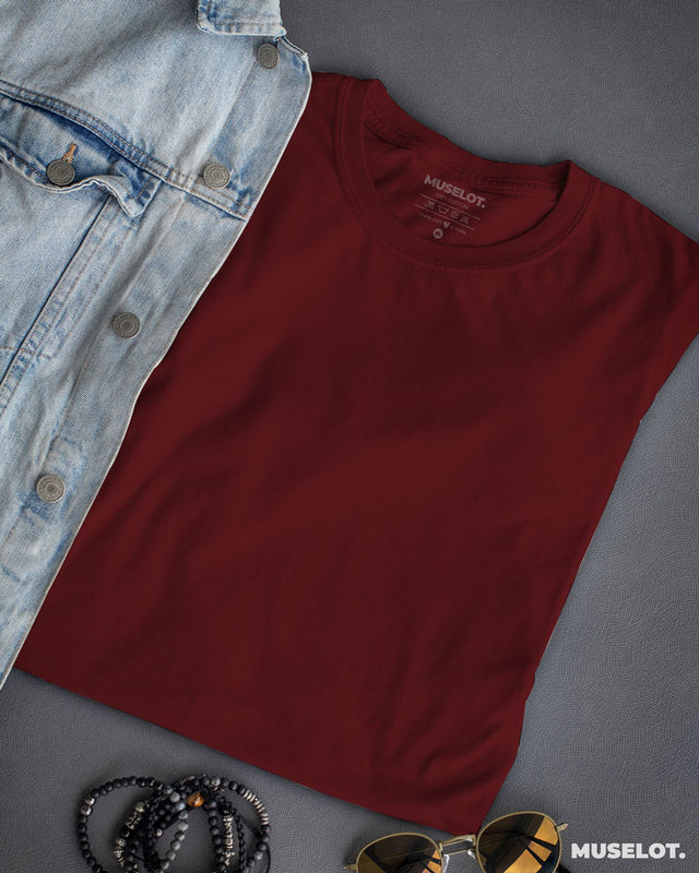 Plain maroon t shirt for women in half sleeves and round neck - Muselot