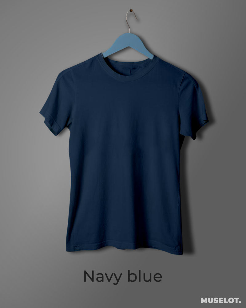 Navy blue plain t shirts for women online in 100% cotton, round neck and half sleeves - MUSELOT